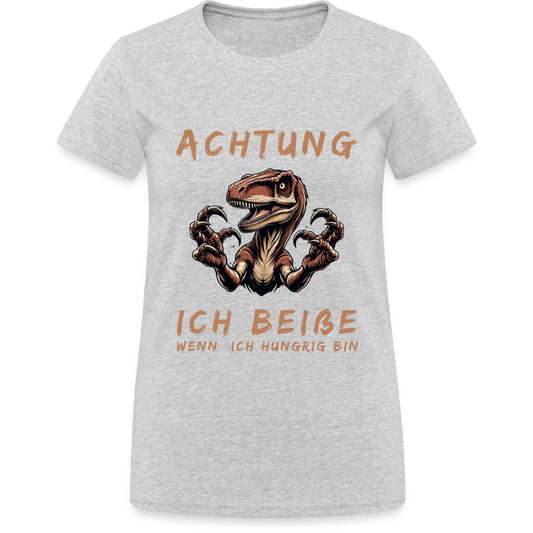 Achtung, ich beiße, wenn ich hungrig bin - Dinosaurier Damen T-Shirt - Grau meliert